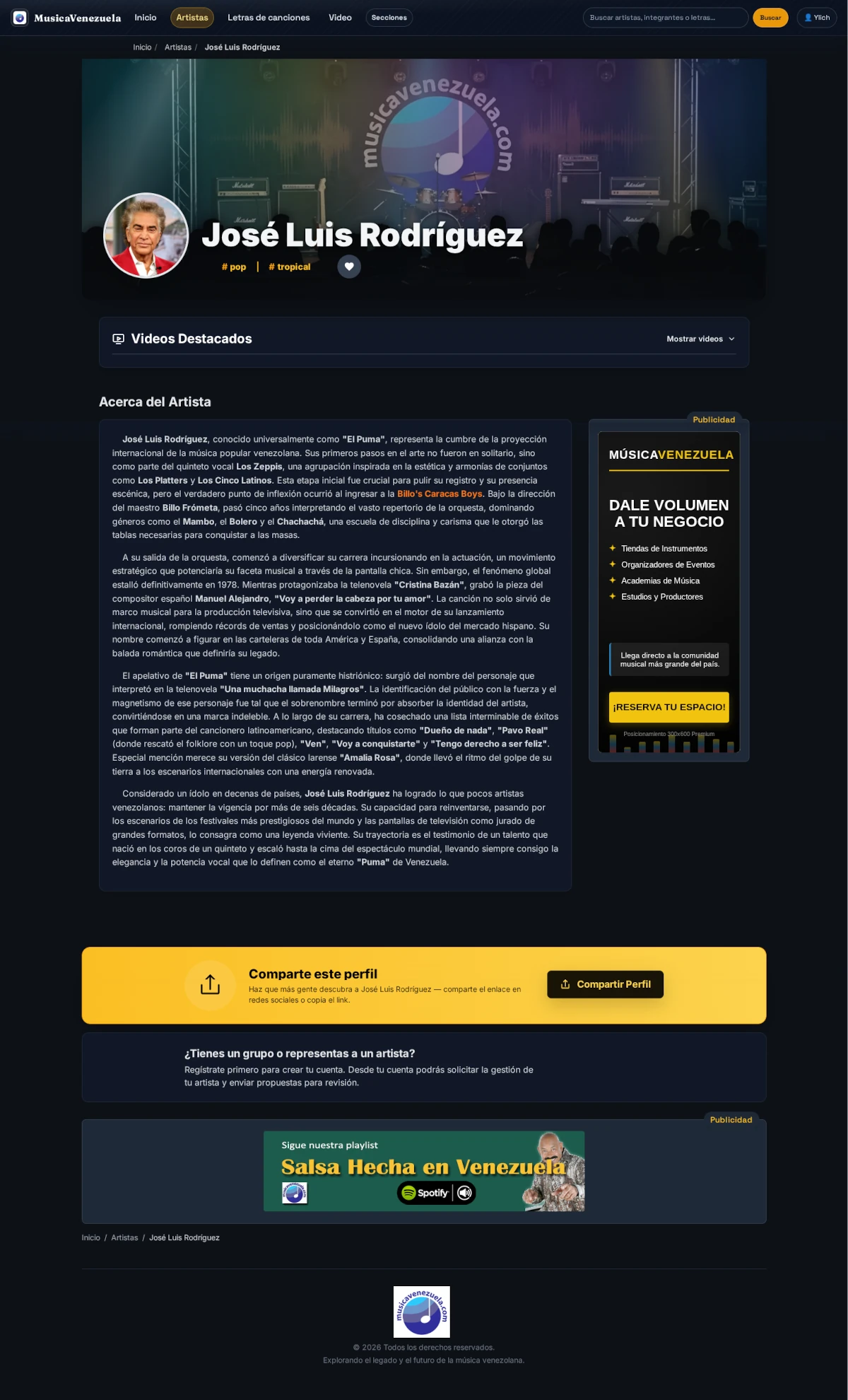 Captura real del perfil de Jose Luis Rodriguez mostrando inventario de Sidebar Vertical y Footer en MusicaVenezuela